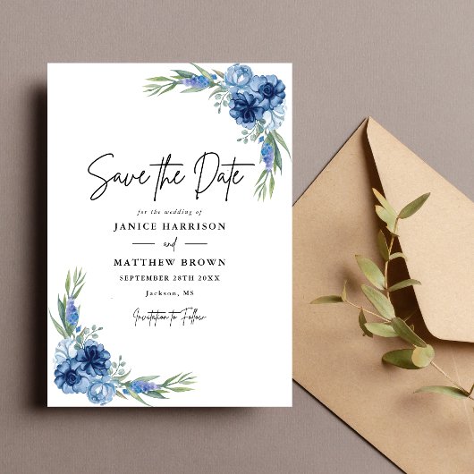 Save The Date Joli Mariage Floral Bleu Dusty
