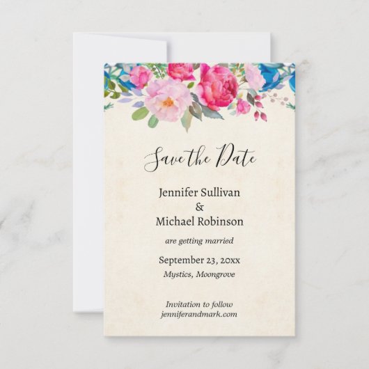 Save The Date Joli mariage rose et bleu Fleurs Enregistrer la da (Devant)