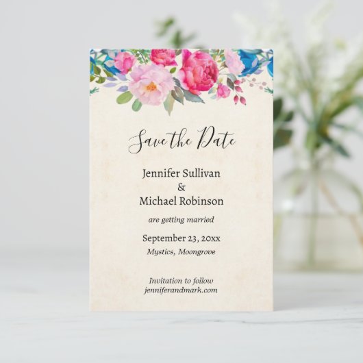 Save The Date Joli mariage rose et bleu Fleurs Enregistrer la da (Debout devant)