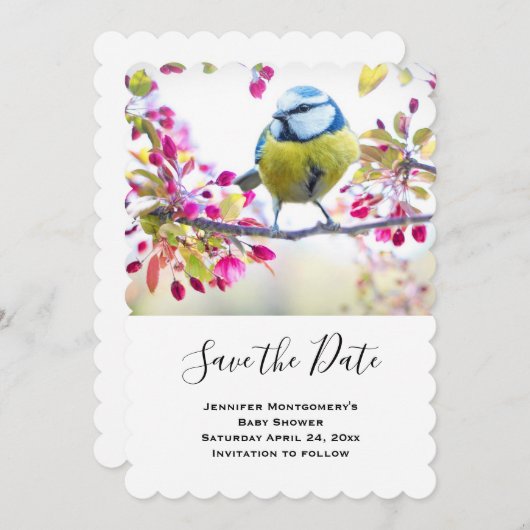 Save The Date Joli oiseau bleu et jaune sur une branche Photogra (Devant / Derrière)