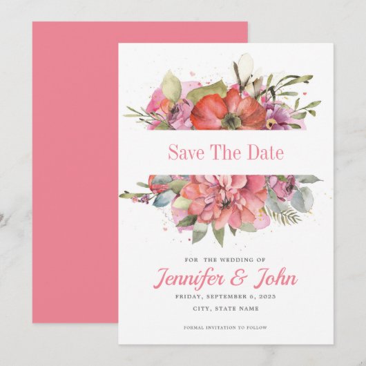 Save The Date Jolie aquarelle rose rouge floral (Devant / Derrière)
