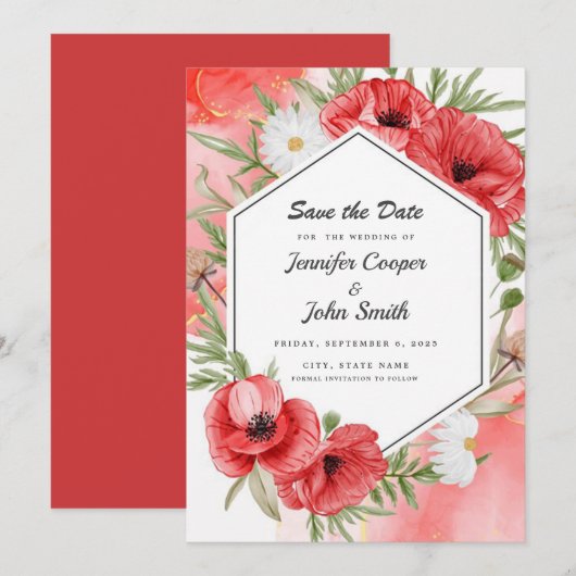 Save The Date Jolie Aquarelle Rouge Mariage Floral (Devant / Derrière)