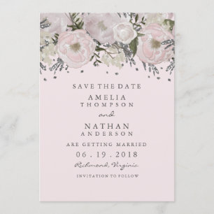 Save The Date Jolie Fleur Rose Pâle Argentée Enregistrer La Date
