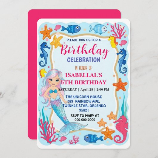 Save The Date Jolie sirène arc-en-ciel hippocampe d'anniversaire (Devant / Derrière)