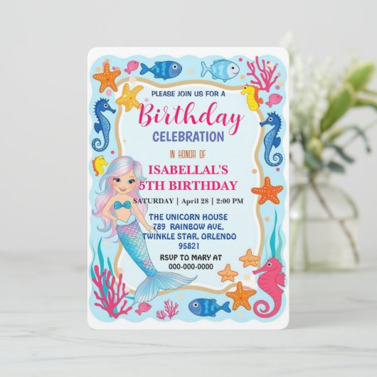 Save The Date Jolie sirène arc-en-ciel hippocampe d'anniversaire (Debout devant)