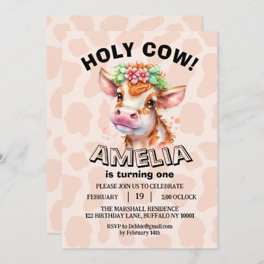 Save The Date Jolie vache sainte Je suis une fille 1er anniversa (Devant / Derrière)