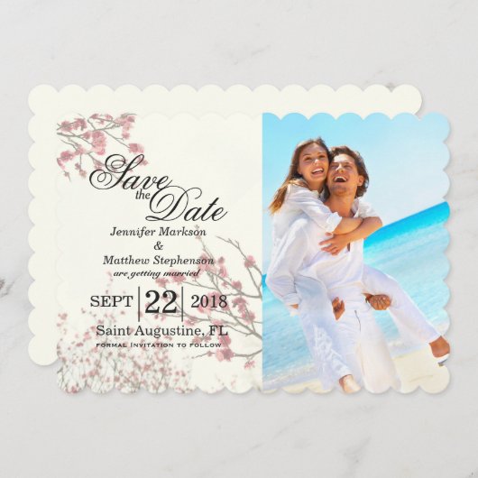 Save The Date Jolies fleurs de cerisiers sur un blanc élégant (Devant / Derrière)