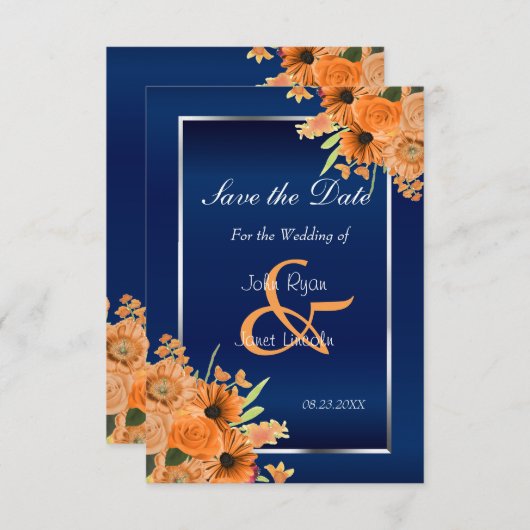 Save The Date Jolies fleurs orange sur bleu marine Enregistrer l (Devant / Derrière)