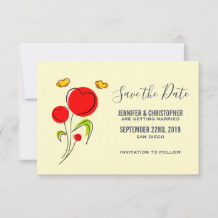 Save The Date Jolies fleurs rouges en forme de cœur et papillons