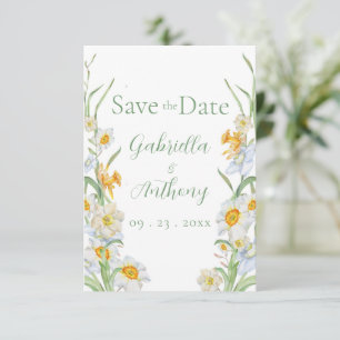 Save The Date Jonquille Florale Blanche et Jaune Écriture Verte