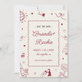 Save The Date Jouer Retro Main tiré Whimsical Doodle Mariage (Devant)