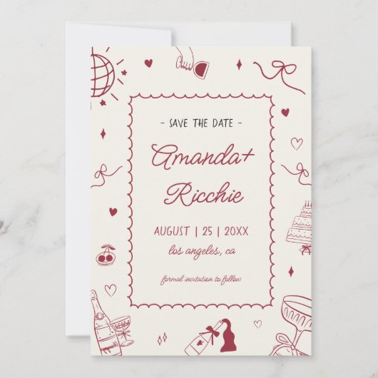 Save The Date Jouer Retro Main tiré Whimsical Doodle Mariage (Devant)