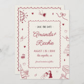 Save The Date Jouer Retro Main tiré Whimsical Doodle Mariage (Devant / Derrière)