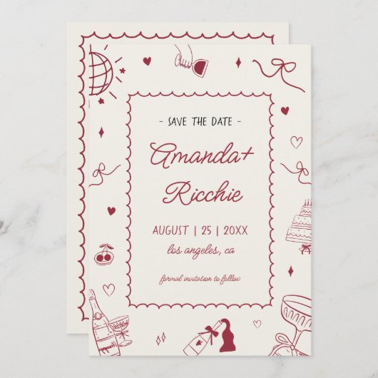 Save The Date Jouer Retro Main tiré Whimsical Doodle Mariage (Devant / Derrière)