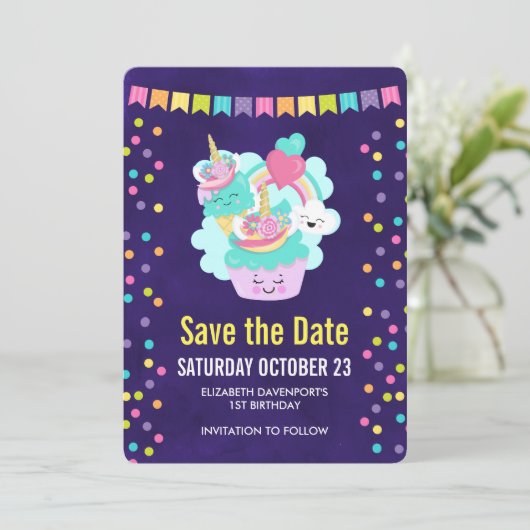 Save The Date Joyeux Cupcake et crème glacée fête d'anniversaire (Debout devant)