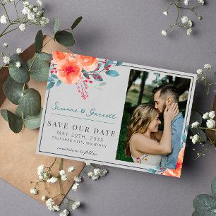 Save The Date Joyeux Floral Orange et Turquoise Bright