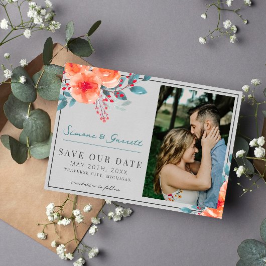 Save The Date Joyeux Floral Orange et Turquoise Bright