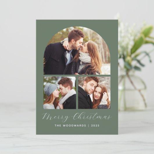 Save The Date Joyeux Noël vert en arc de collage 3 photos (Debout devant)