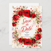 Save The Date Joyeux Pastel Crimson Red Roses Mariage (Devant / Derrière)
