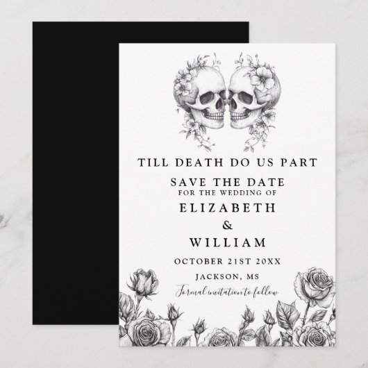 Save The Date Jusqu'à la mort Crâne gothique Mariage floral (Devant / Derrière)