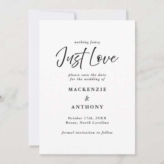 Save The Date Just Love manuscrit Script noir et blanc (Devant)