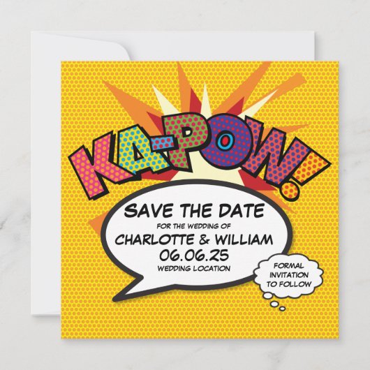 Save The Date KA-POW En-tête de réservation Fun Retro Bande dess (Devant)