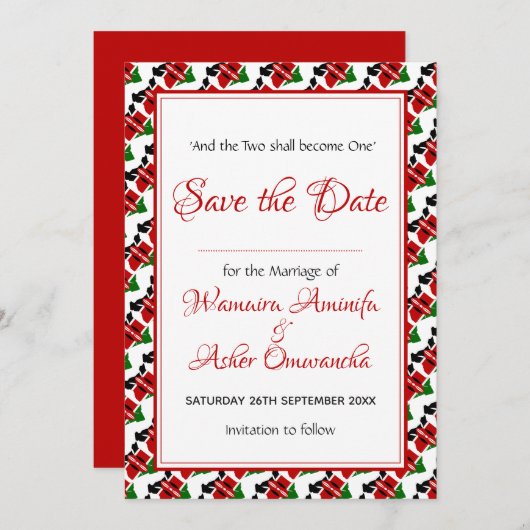 Save The Date KENYA Mariage Christian Custom Celebration RED (Devant / Derrière)