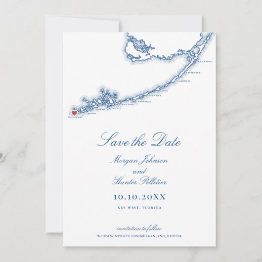 Save The Date Key West FL Map Élégant Mariage bleu marine (Devant)