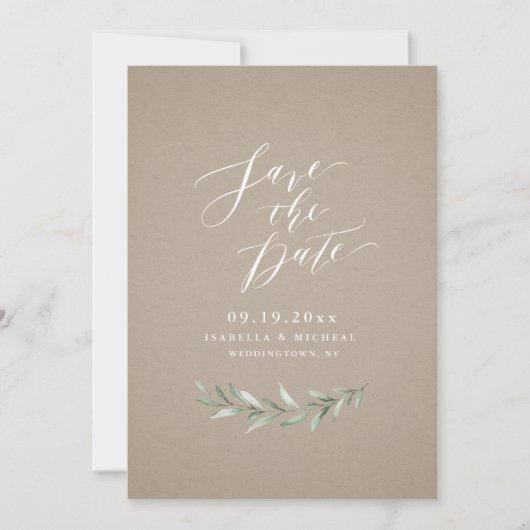 Save The Date Kraft Simple calligraphie mariage verdure rustique (Devant)