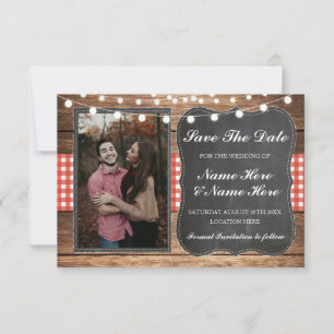 Save The Date Krijt Hout Rustieke Rode Geruite Fot