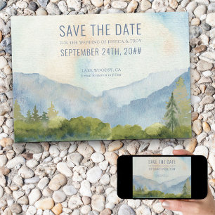 Save The Date Lac de montagne aquarelle bleu poussiéreux