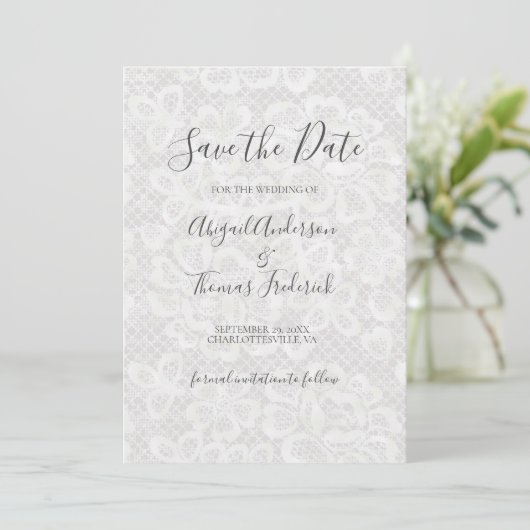 Save The Date Lace Blanche Floral Script QR code Enregistrer la  (Debout devant)