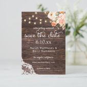 Save The Date Lace de bois, Lumières, Floral Rose & Pêche Rustiq (Debout devant)