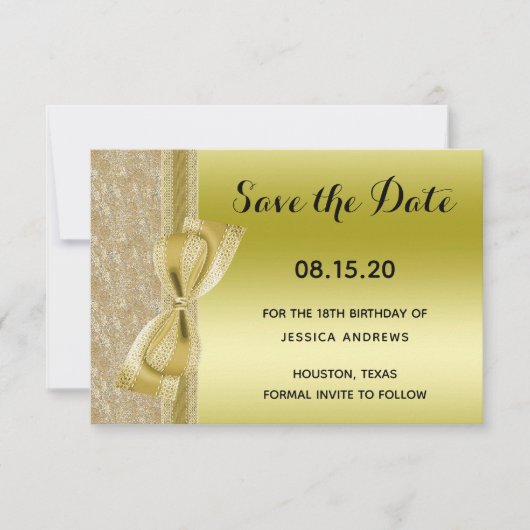 Save The Date Lace Ribbon & Bow Gold Glitter Sequin 18th (Devant)