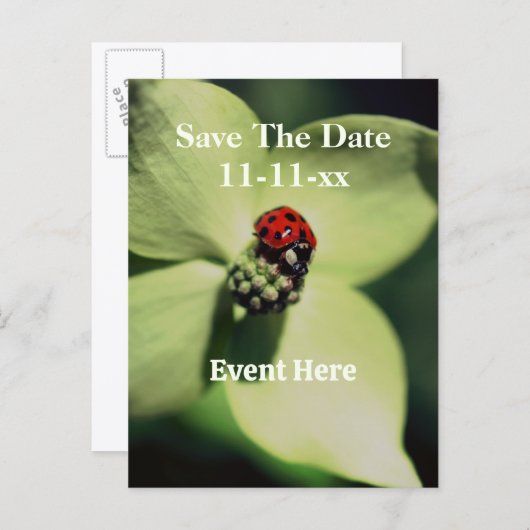 Save The Date Ladybug On Flower Aankondigingskaart (Voorkant / Achterkant)