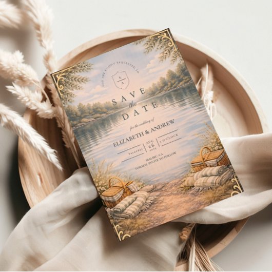 Save The Date Lake Picnic Forest Elegance Wedding