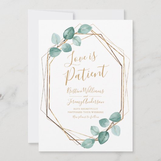 Save The Date L'amour est patient Eucalyptus Gold Script Photo (Devant)