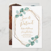 Save The Date L'amour est patient Eucalyptus Gold Script Photo (Devant / Derrière)
