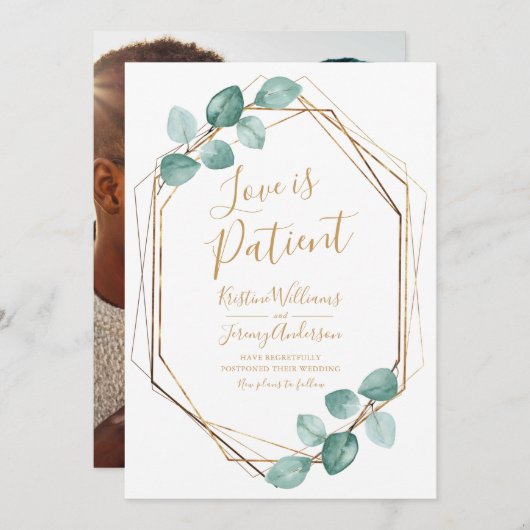Save The Date L'amour est patient Eucalyptus Gold Script Photo (Devant / Derrière)