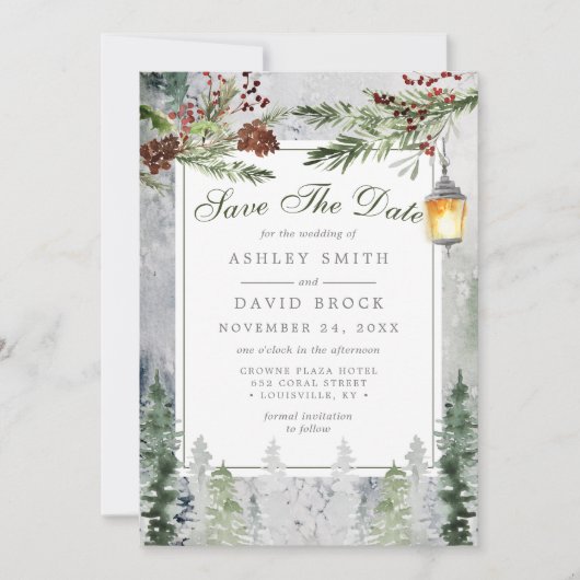 Save The Date Lanterne de pin rustique d'hiver Enregistrer la ca (Devant)