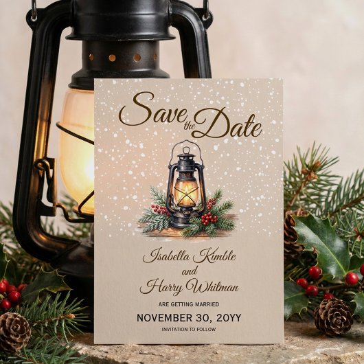 Save The Date Lanterne d'hiver Rustique Photo enneigée