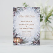 Save The Date Lanterne enneigée Cône de pin Romance d'hiver (Debout devant)