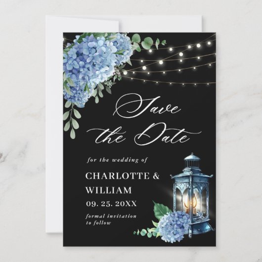 Save The Date Lanterne Hydrangea Bleue Mariage Noir Navy (Devant)