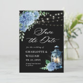Save The Date Lanterne Hydrangea Bleue Mariage Noir Navy (Debout devant)