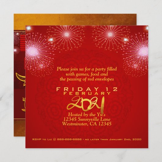 Save The Date Lanternes chinoises Feu d'artifice Ox Année 2021 I (Devant / Derrière)