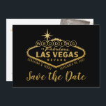 Save The Date Las Vegas Mariage Photo Enregistrer la date Black<br><div class="desc">Le célèbre panneau Welcome to Las Vegas (modifié pour lire le Mariage à Las Vegas) en fausse feuille d'or sur un arrière - plan noir de couleur modifiable enregistrer la carte de date avec vos propres photos dans le dos avec des recouvrements de cadres abstraits géométriques modernes. Le design typographique...</div>