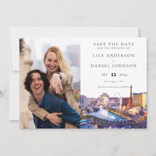 Save The Date Las Vegas Skyline Watercolor Photo Wedding (Devant)