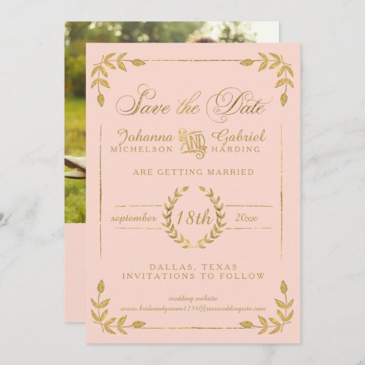 Save The Date Laurel Leaf Blush Pink Gold Enregistrer la date Ph (Devant / Derrière)