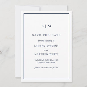 Save The Date Lauren Navy Blue Monogramme Mariage élégant