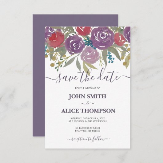 Save The Date Lavande d'aquarelle et Mariage de fleurs rouges (Devant / Derrière)
